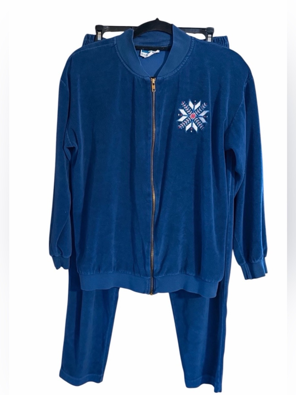 Vintage 90s Boundary Line Velour Tracksuit Set Blue Teal Embroidered Made in USA